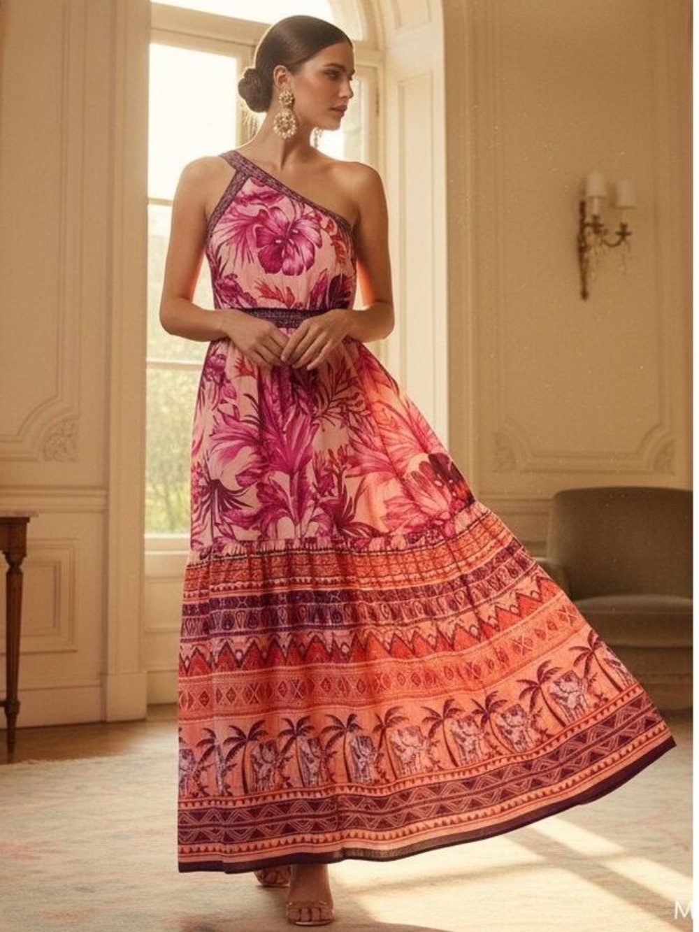 ELIZA J Pink, Purple & Orange Tropical Print One-Shoulder Maxi Dress Size 8